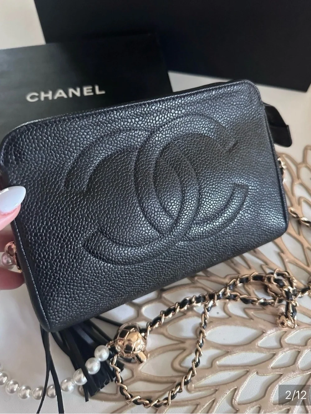 CHANEL Black Caviar Quilted CC Crossbody with Pearl Accent Chanel box bag roset